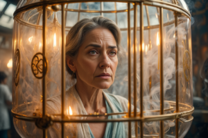 Устала от практик: женщина за решёткой из света символизирует красивую клетку духовных систем и догм