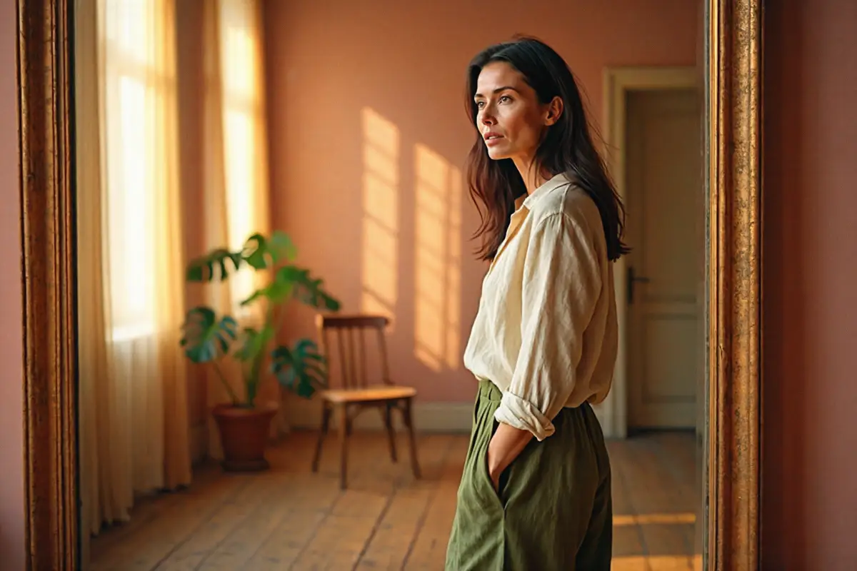 Женщина стоит боком у зеркала — о самооценке и взгляде на себя без вынесения приговора