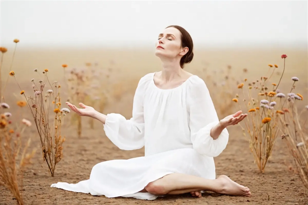 Женщина сидит на полу с открытыми ладонями — образ самопринятия и внутреннего покоя