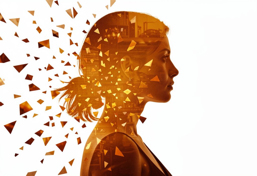 Женский силуэт с геометрическими фрагментами, возвращающимися к фигуре — метафора пути к себе в психологической работе