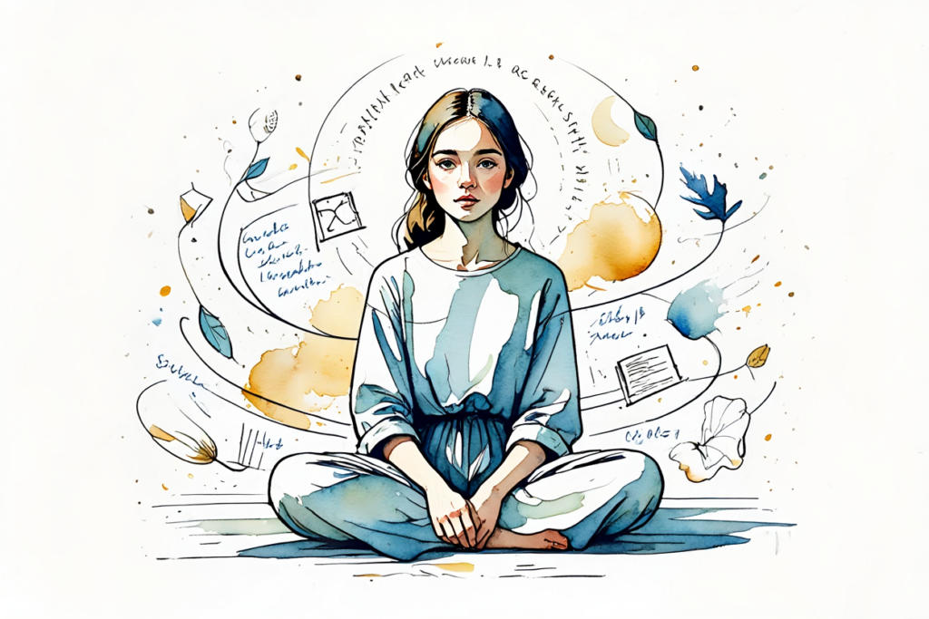 женщина в центре кружащихся мыслей — наблюдение без цепляния, медитативное присутствие