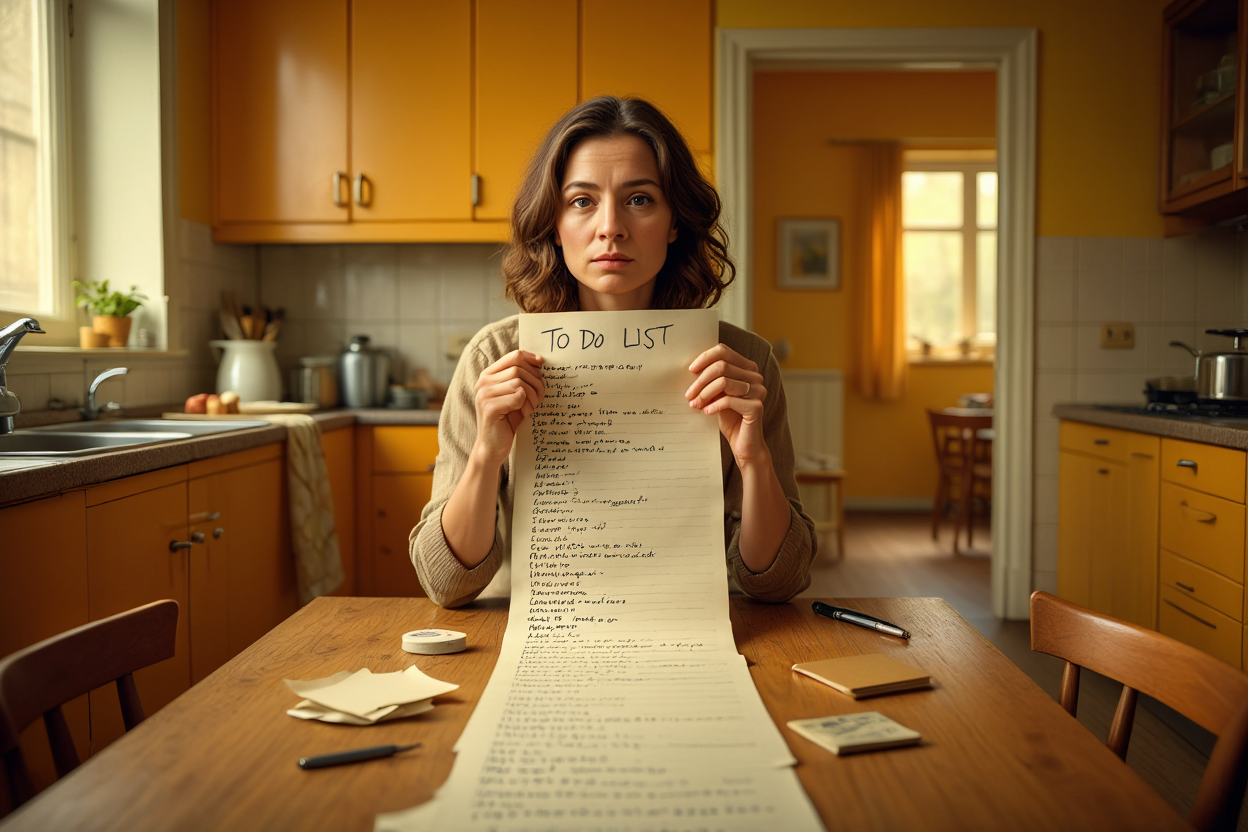 Женщина с бесконечным списком дел в руках — образ эмоционального истощения