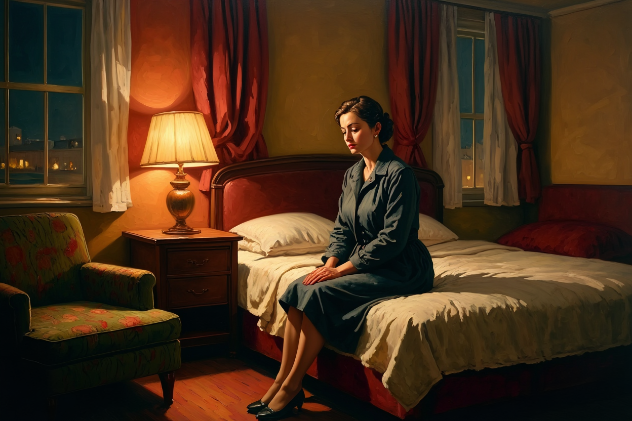 Женщина в элегантном гостиничном номере 1950-х &mdash; живописная сцена о страхе одиночества в зависимых отношениях