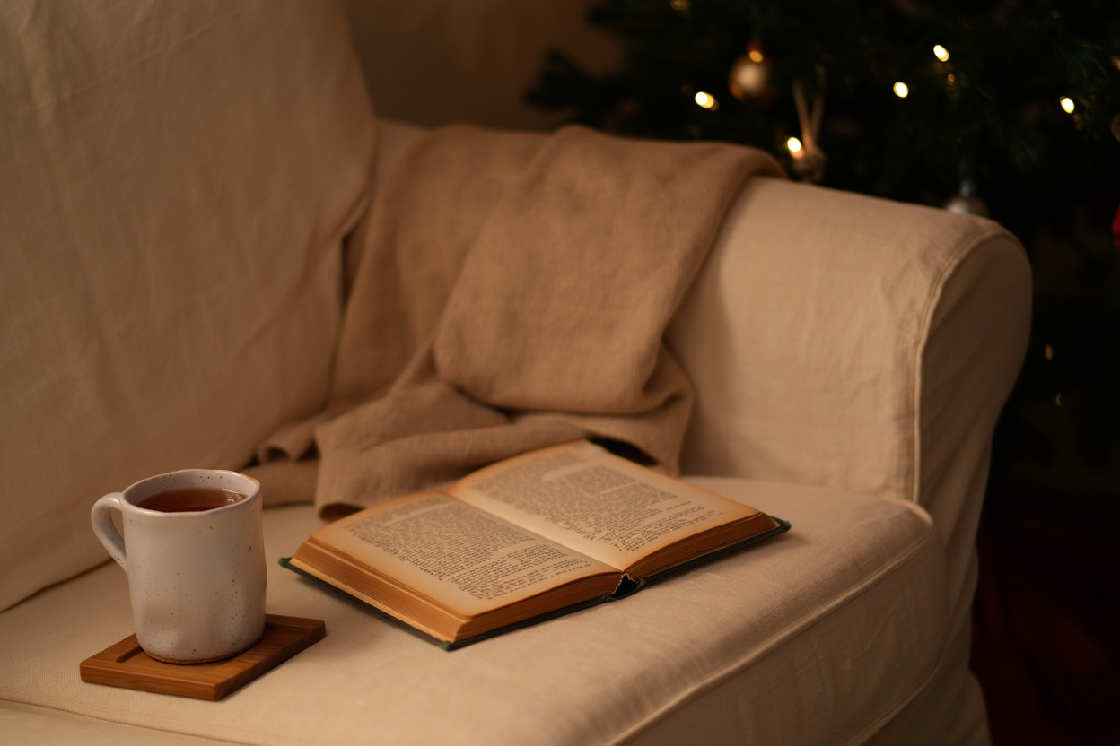плед и раскрытая книга рядом с остывшим чаем, ёлка в темноте за ними &mdash; одиночество в праздники