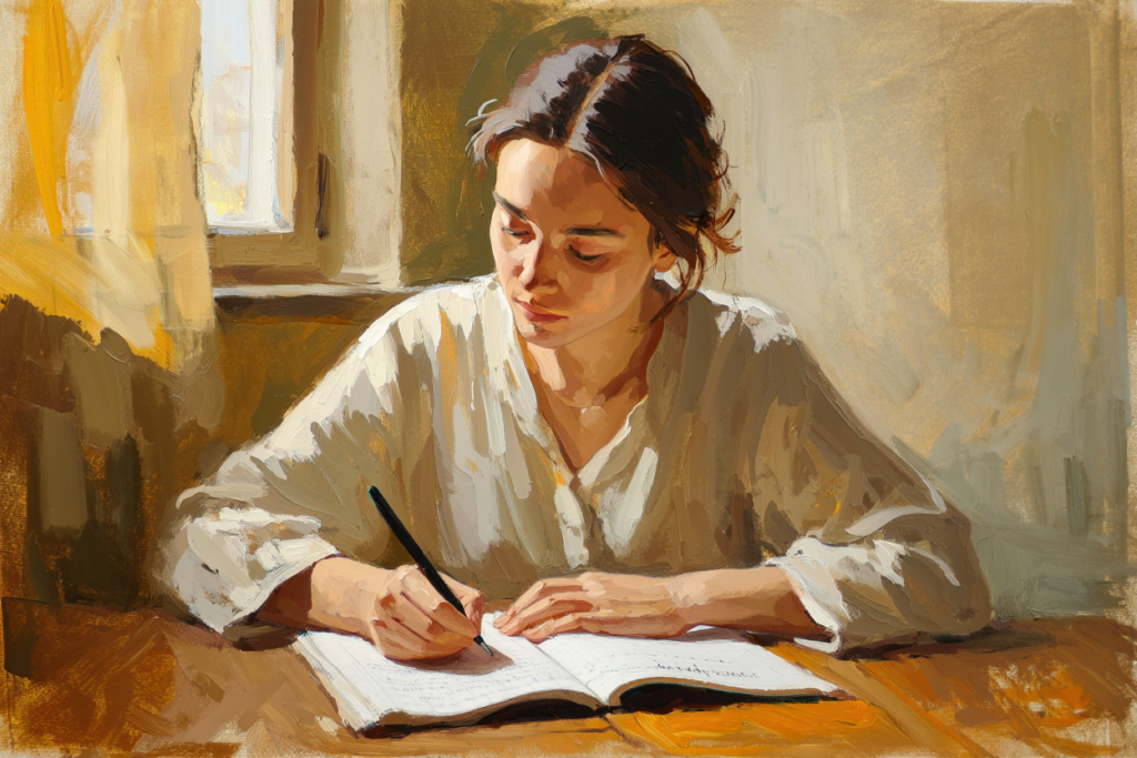 женщина пишет в блокнот, слова возвращаются зеркально с другой стороны стола