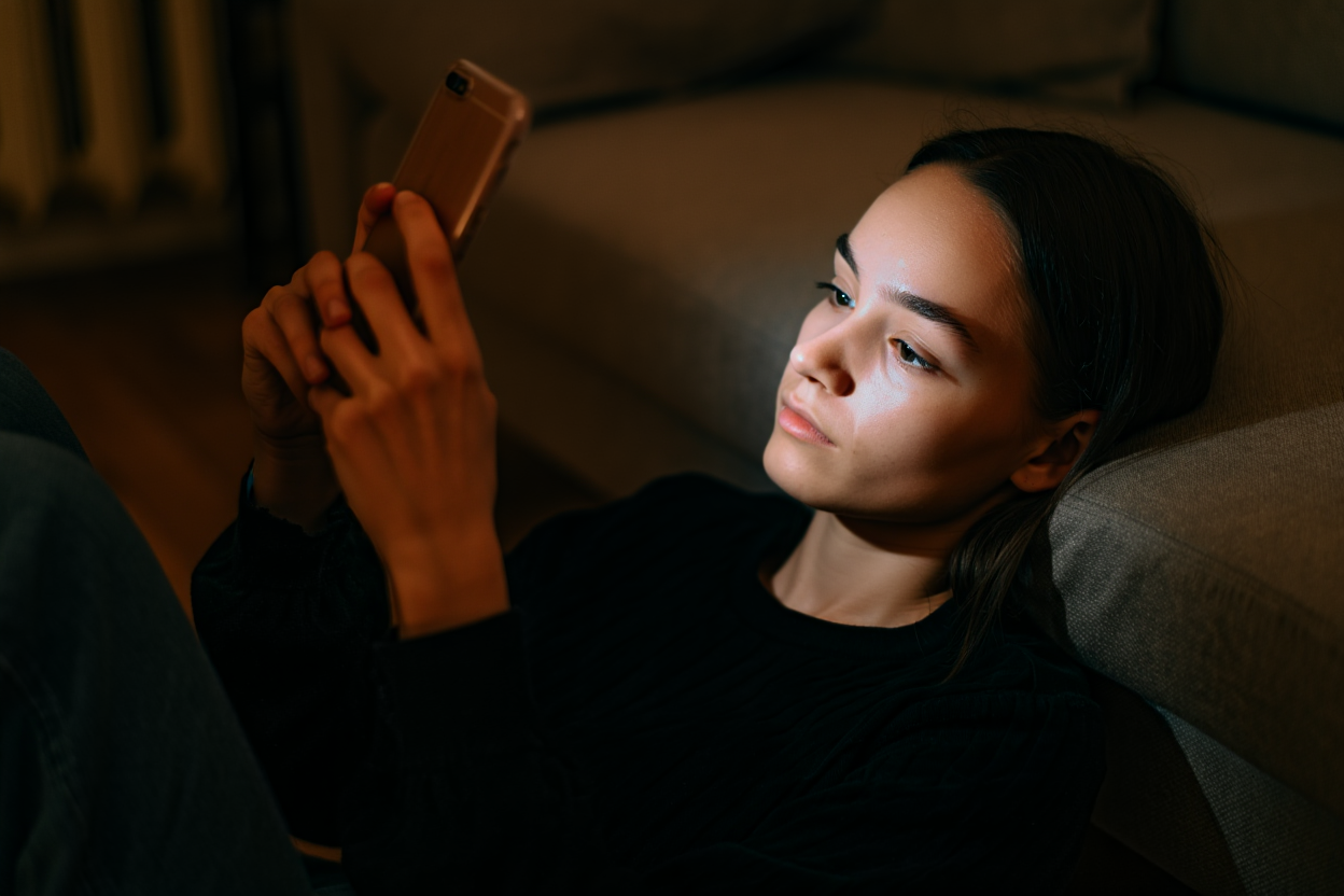женщина сидит на полу с телефоном в руке — момент тихого облегчения, виртуальный партнёр как пауза