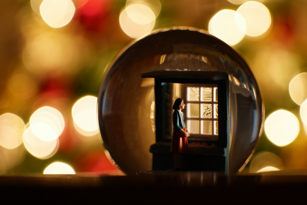 снежный шар с фигуркой внутри на фоне праздничных огней &mdash; образ экзистенциального одиночества среди людей