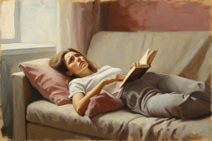 Женщина лежит на диване с закрытой книгой &mdash; право на усталость и чувство вины
