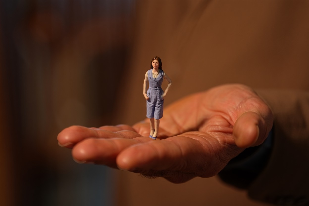 Крошечная женская фигура в центре большой мужской ладони — образ зависимости в отношениях