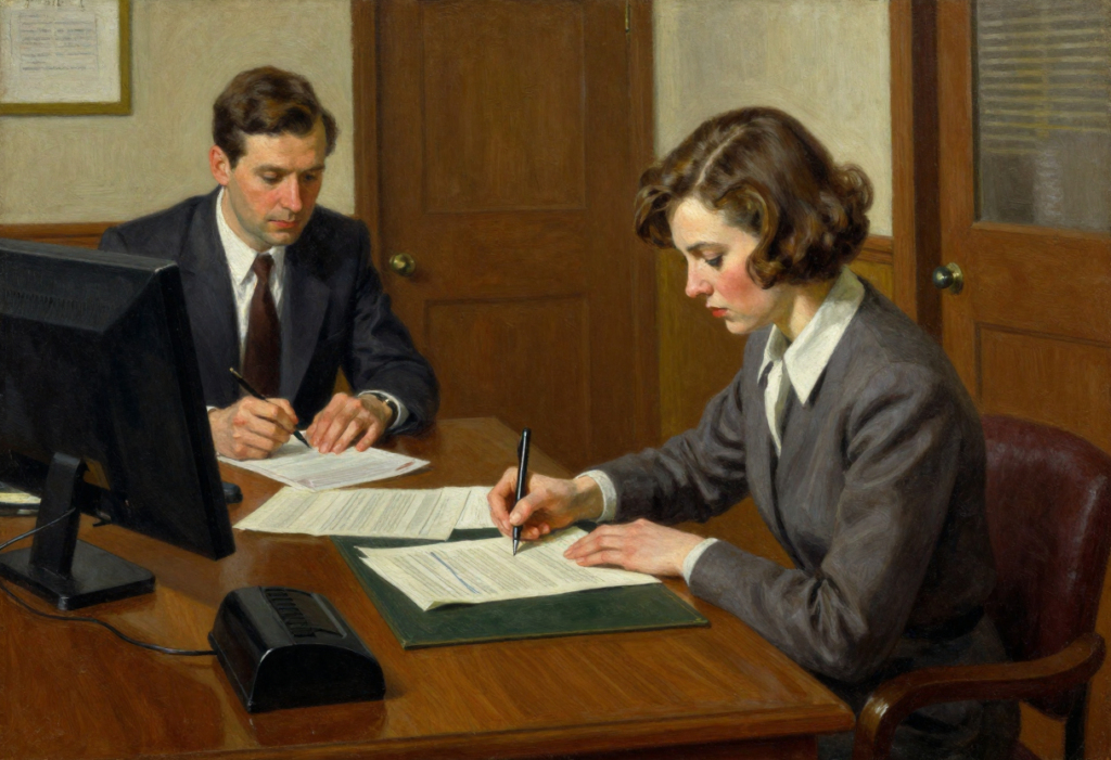 Женщина подписывает документ в банке — живописная сцена финансовой самостоятельности