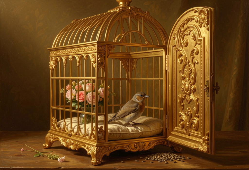 Позолоченная клетка с открытой дверцей и птицей внутри &mdash; образ добровольной зависимости
