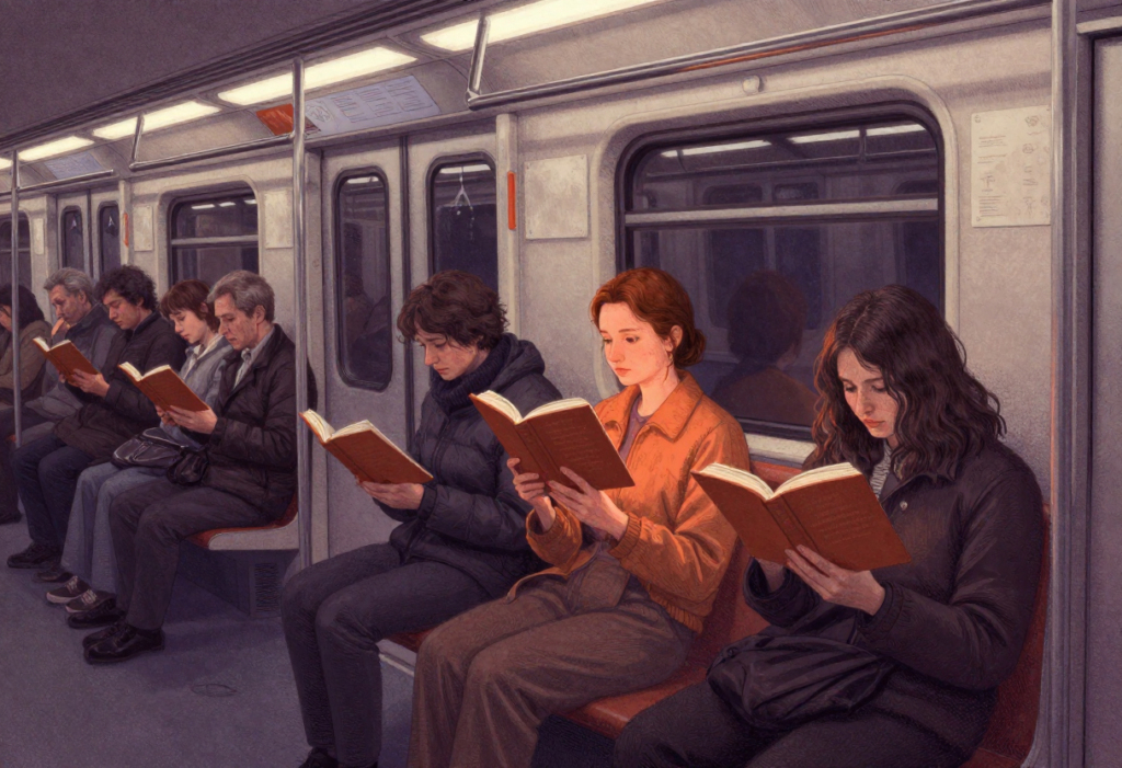 Московское метро в час пик &mdash; все читают книги о смысле жизни, и только одна женщина смотрит в другую сторону 