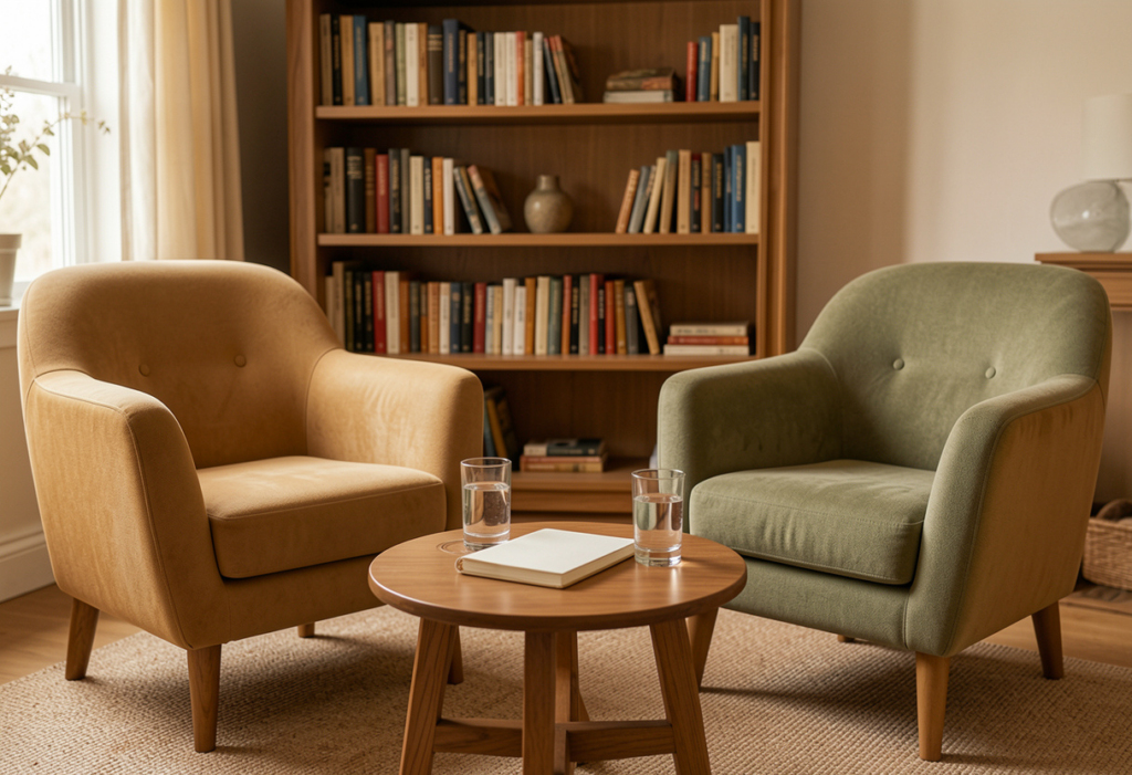  два кресла в кабинете психолога, один стакан воды взят &mdash; начало разговора о себе