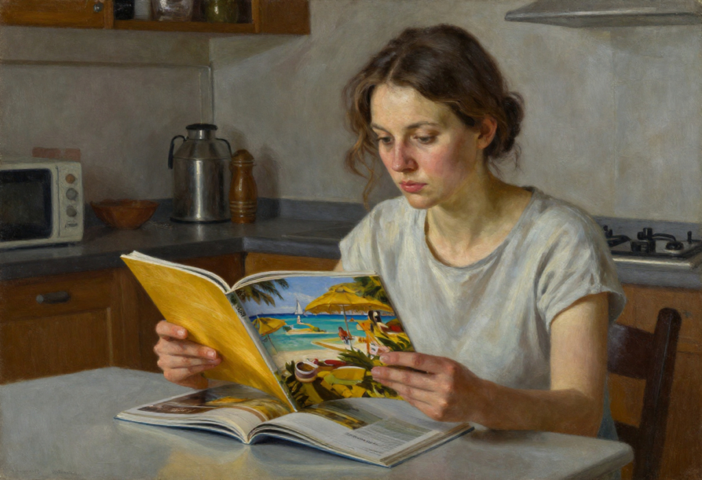 женщина смотрит на праздничные образы в журнале, живописная сцена сравнения себя с чужим нарративом