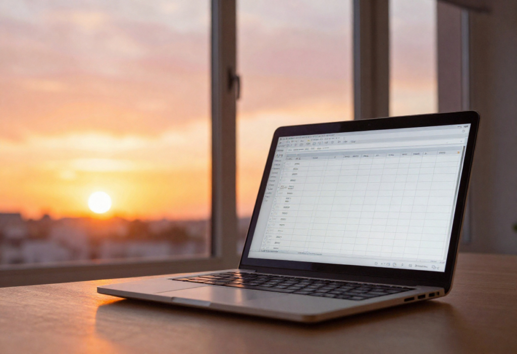 Ноутбук открыт на фоне заката в окне — тревога и выгорание от перфекционизма