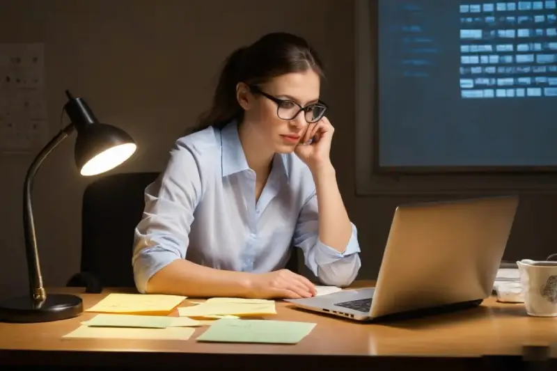 Женщина за ноутбуком ночью — перфекционизм и выгорание