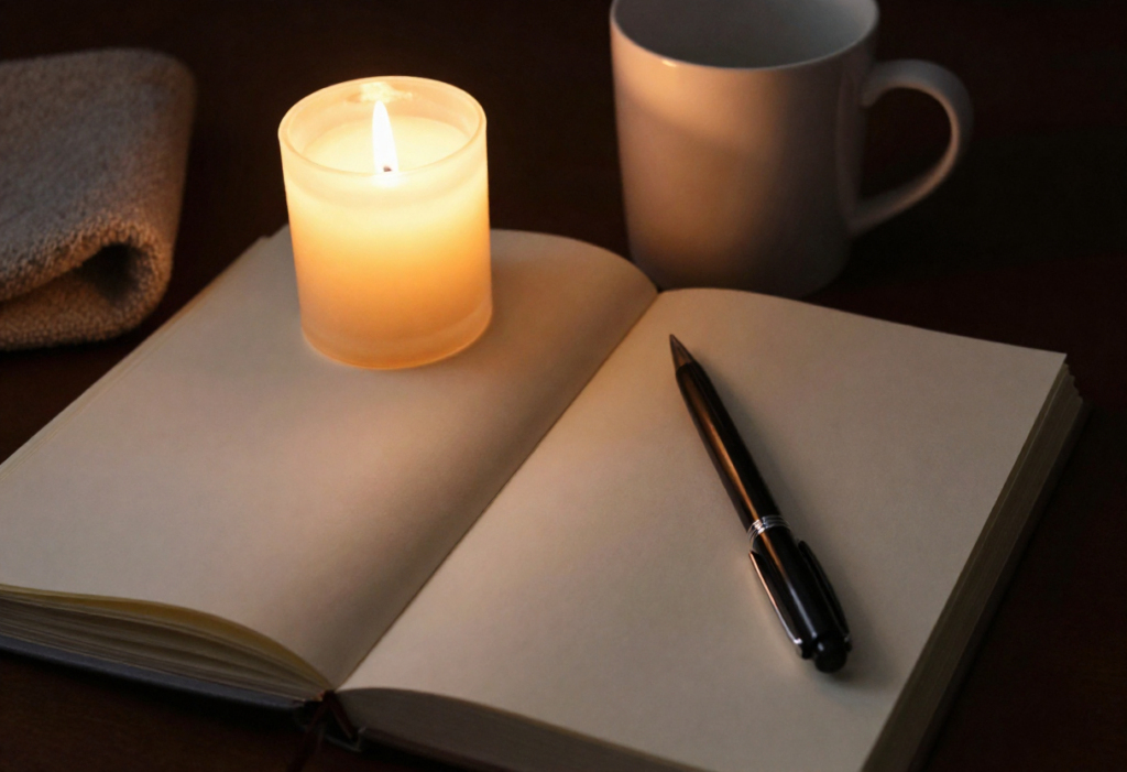  горящая свеча рядом с раскрытым дневником и ручкой &mdash; момент наедине с собой в праздник