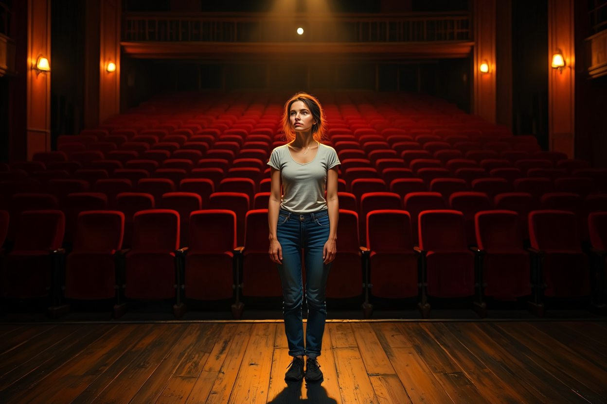 Женщина одна на пустой сцене без роли &mdash; быть собой когда нет зрителей