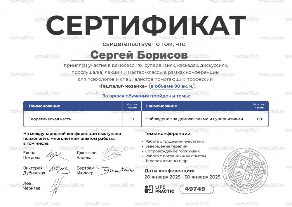 Гештальт-мозаика. Сертификат.